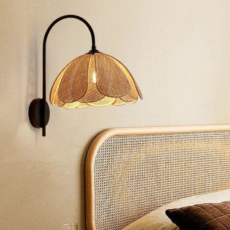 BloomGlow - Rattan Woven Flower Shade with Nature-Inspired Charm | Soft Warm Ambient Glow with Curved Black Metal Arm | Cozy Accent for Bedroom, Hallway or Living Room