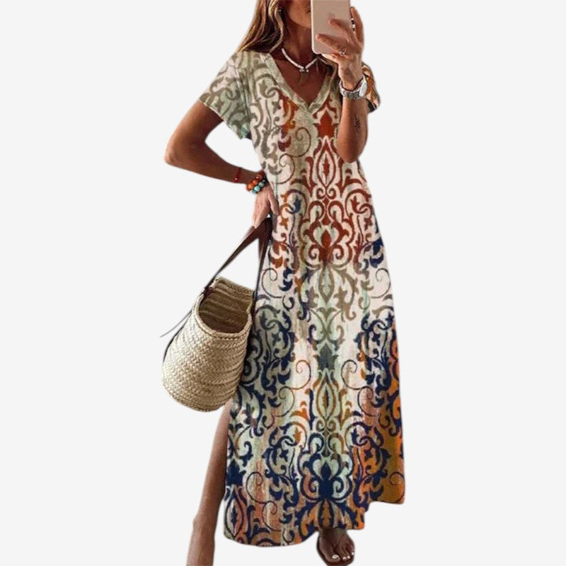 Women’s Long Printed Round Neck Dress