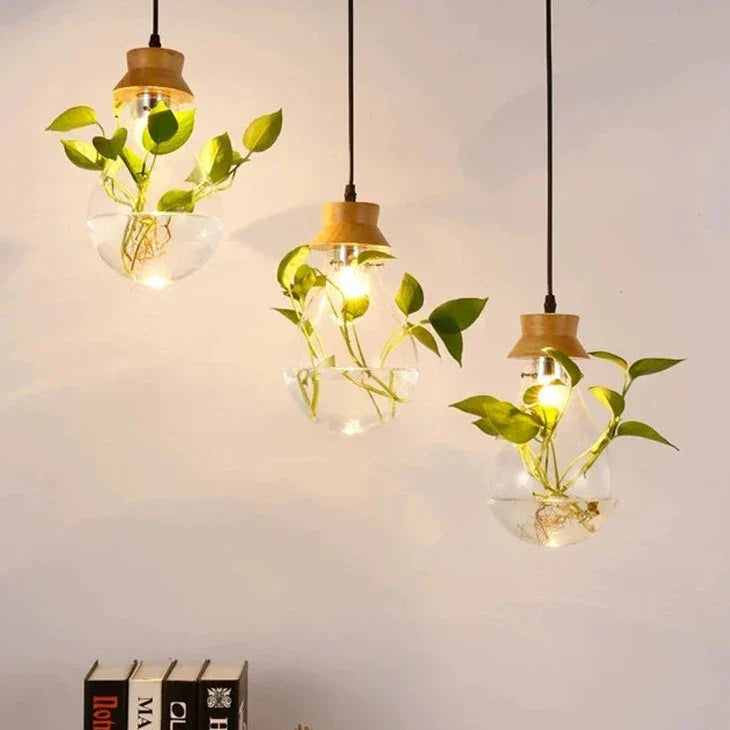BotanicaGlow – Floating Plant Glass Bulb with Natural Wood Accents | Soft Warm LED Glow for Cozy Ambience | Statement Lighting for Dining, Cafe or Workspace