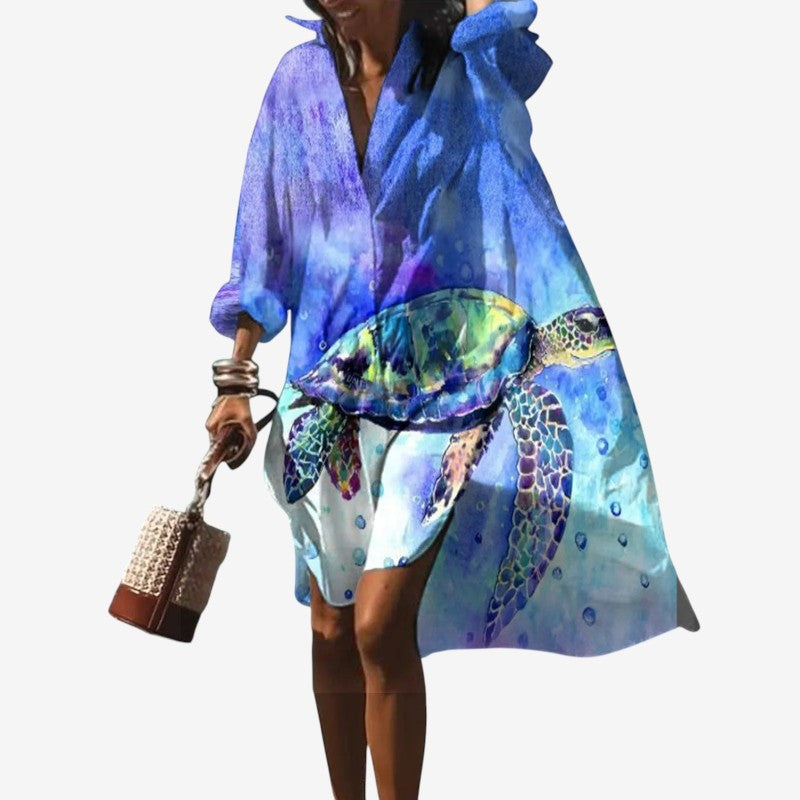 Women's Printed V Neck Long Sleeve Dress