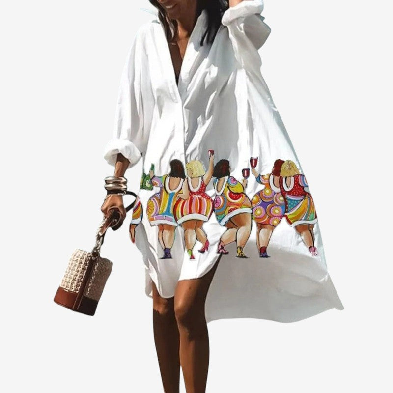 Women's Printed V Neck Long Sleeve Dress