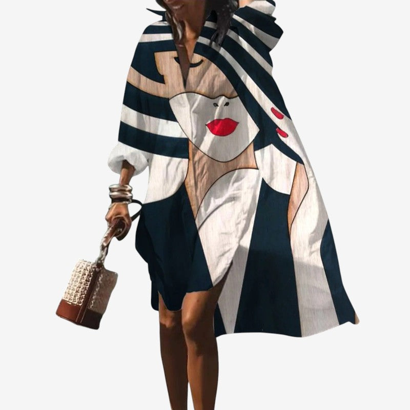 Women's Printed V Neck Long Sleeve Dress
