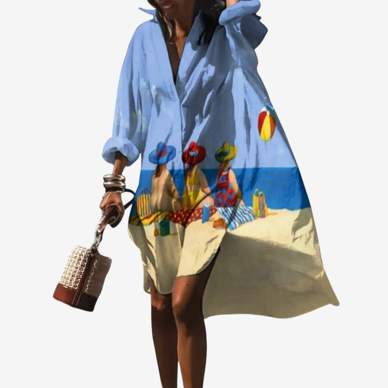 Women's Printed V Neck Long Sleeve Dress