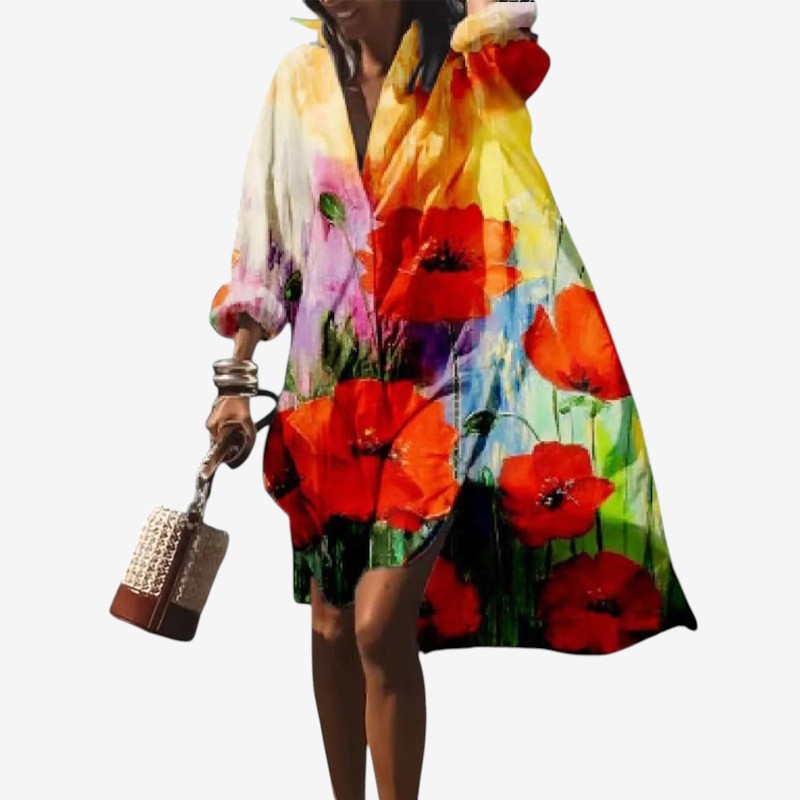 Women's Printed V Neck Long Sleeve Dress