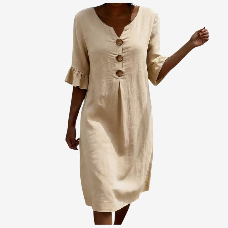 Women's V Neck Midi Dress with Button Front Closure