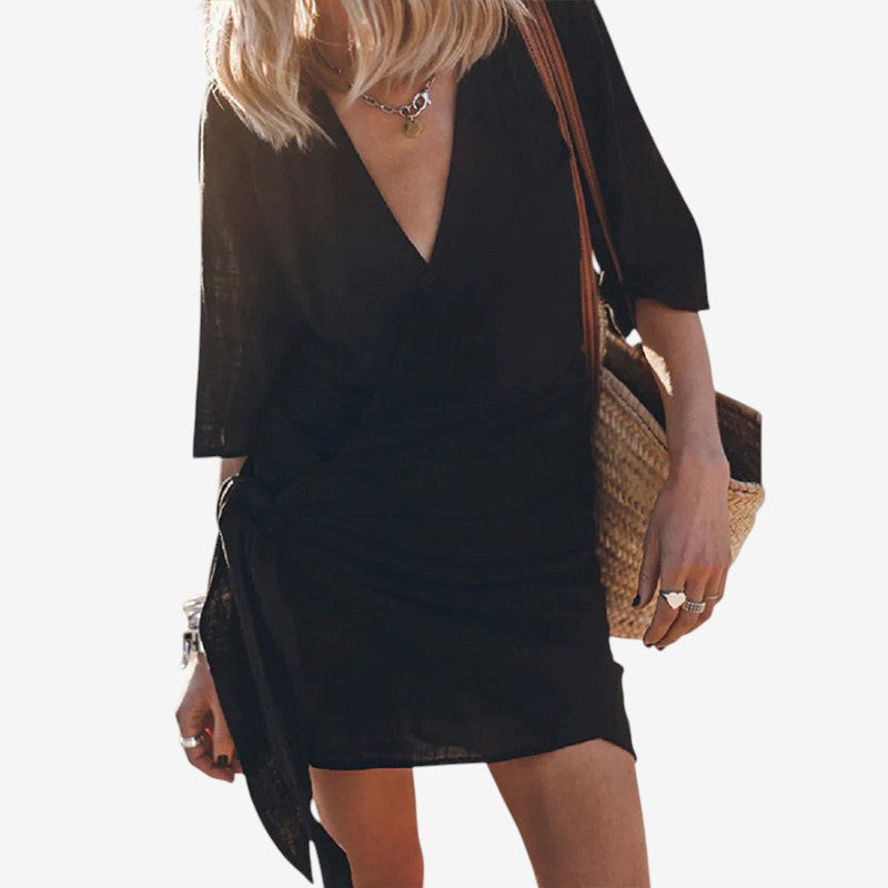 Women's V Neck Mini Dress with Wrap Front Design
