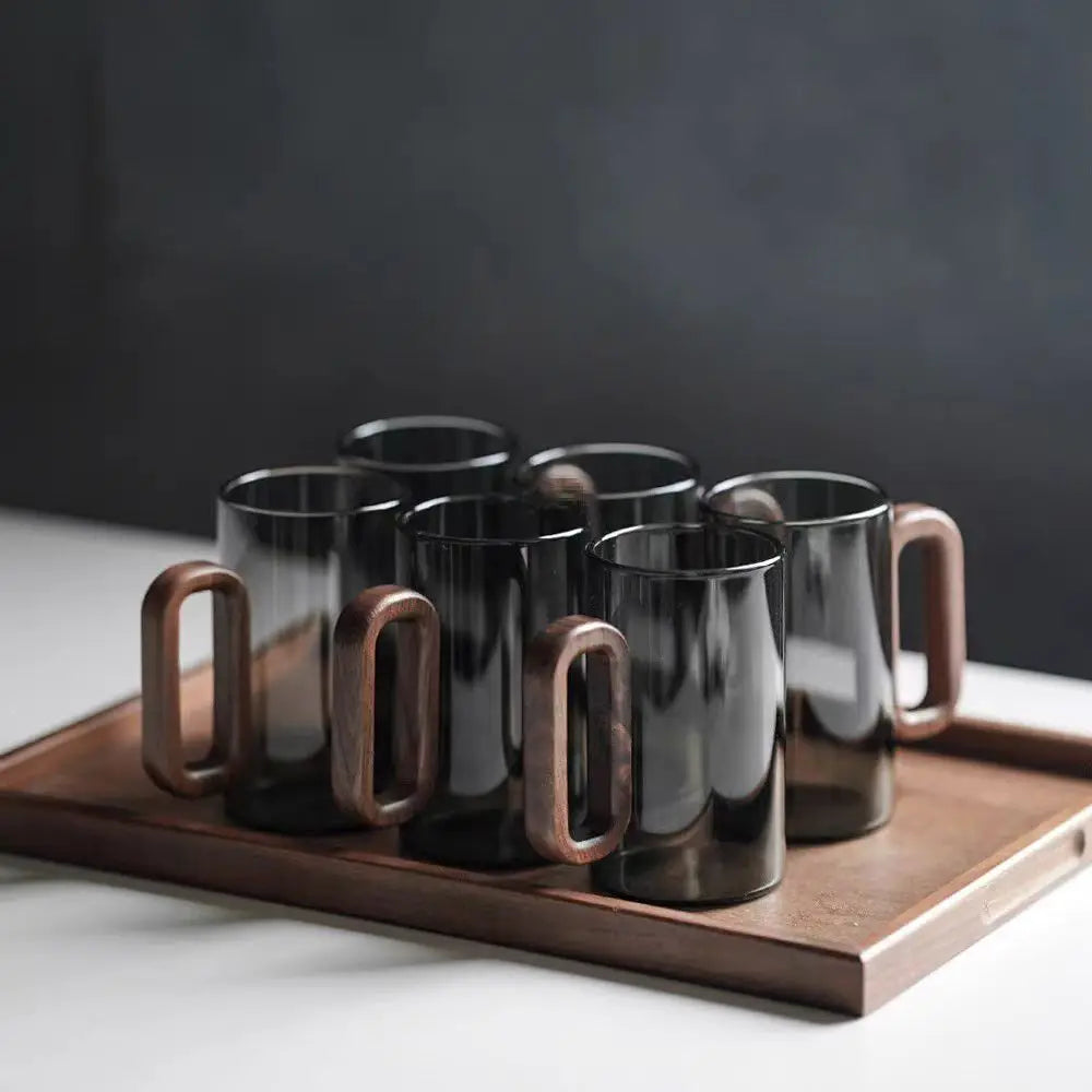 LuxeBrew - Modern Glass Mug Dark-Toned Design with Ergonomic Wooden Handle | Stylish and Comfortable for Coffee, Tea, or Hot Beverages | Heat-Resistant and Durable Contemporary Drinkware