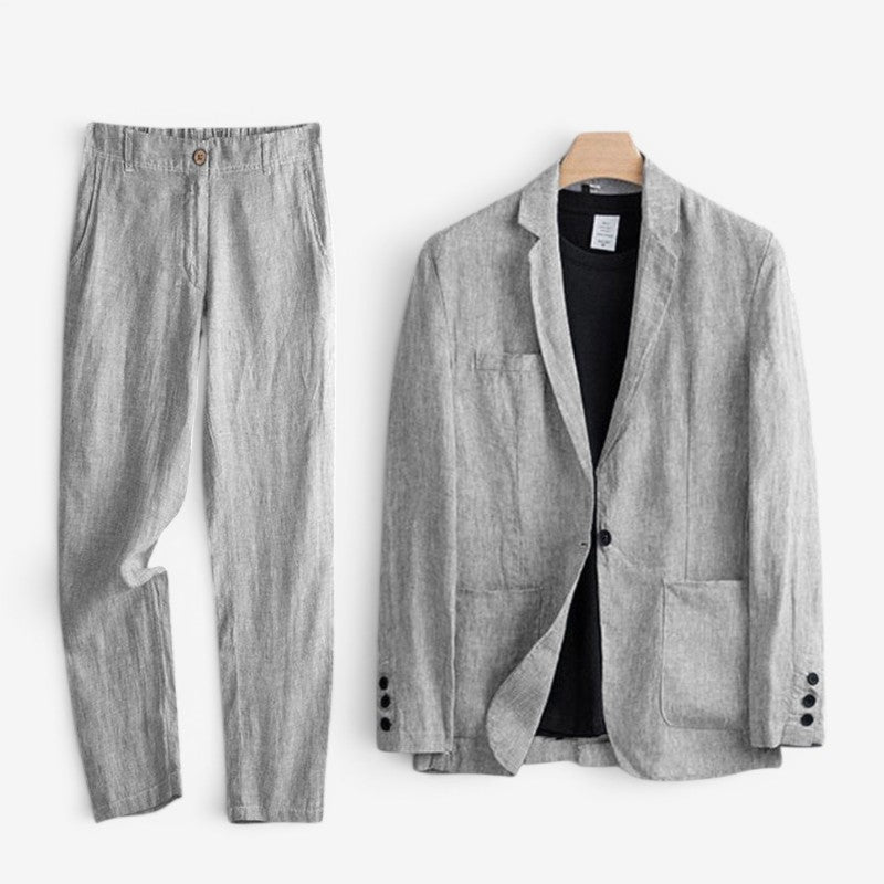 Men's Contemporary Linen Blazer and Wide Leg Pants Set