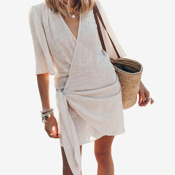 Women's V Neck Mini Dress with Wrap Front Design