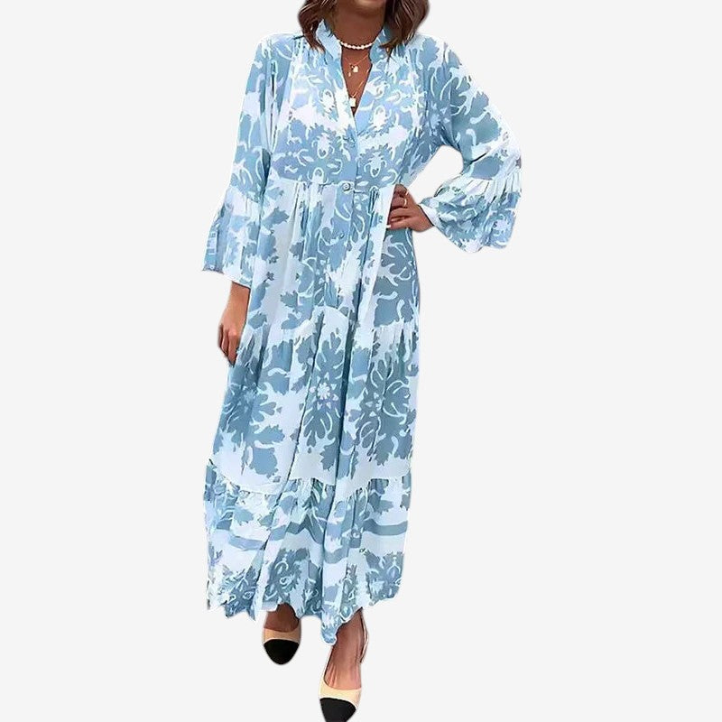 Women's Printed Midi Dress with V-Neck and Long Sleeves