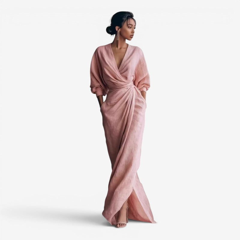 Women's Elegant V Neck Maxi Dress with Wrap Waist