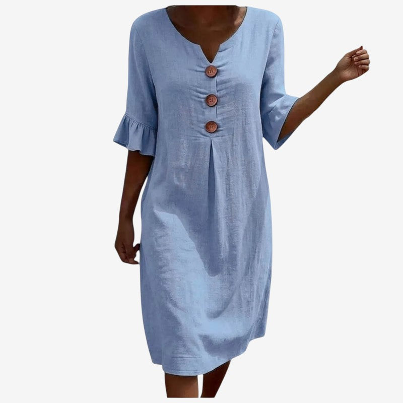 Women's V Neck Midi Dress with Button Front Closure