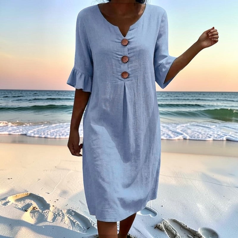 Women's V Neck Midi Dress with Button Front Closure