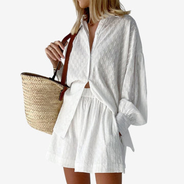Women's Puff Sleeve Button-Up Shirt and High Waist Shorts Set