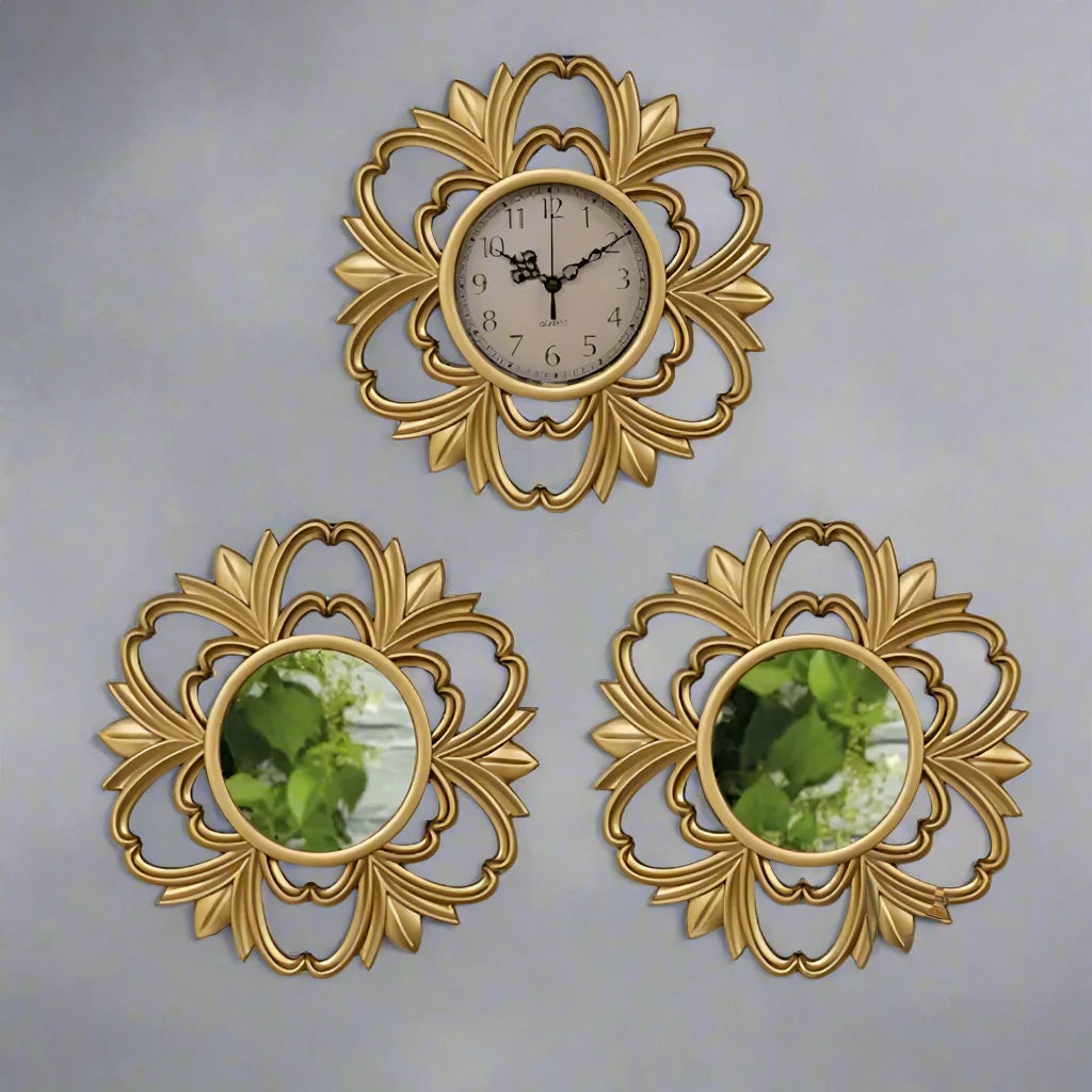 GlimmerTime - 3-Piece Geometric Wall Clock and Mirror Set