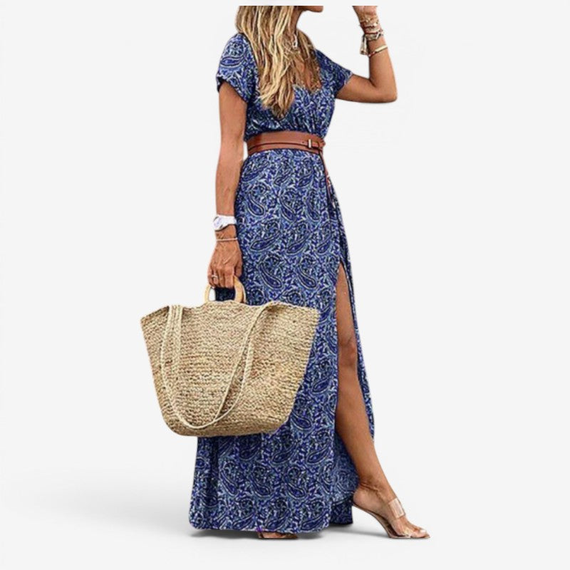Women's Floral Print Maxi Dress with Belted Waist