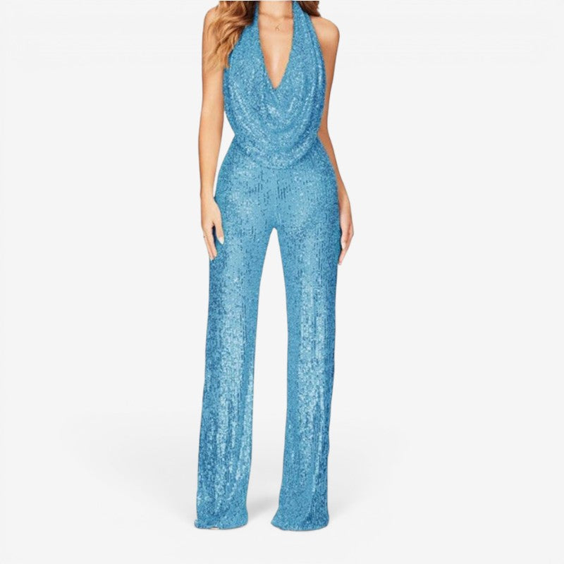 Glamorous Women's Sequin Jumpsuit with Halter Neck