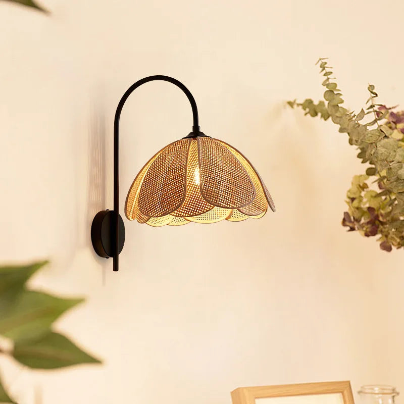 BloomGlow - Rattan Woven Flower Shade with Nature-Inspired Charm | Soft Warm Ambient Glow with Curved Black Metal Arm | Cozy Accent for Bedroom, Hallway or Living Room