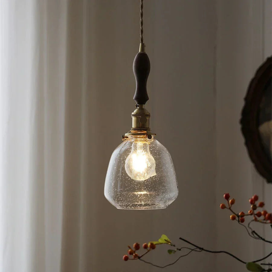 LumiElegance – Textured Clear Glass with Brass & Dark Wood Accents | Adjustable Cord for Perfect Hanging Height | Timeless Warm Glow for Kitchen or Dining
