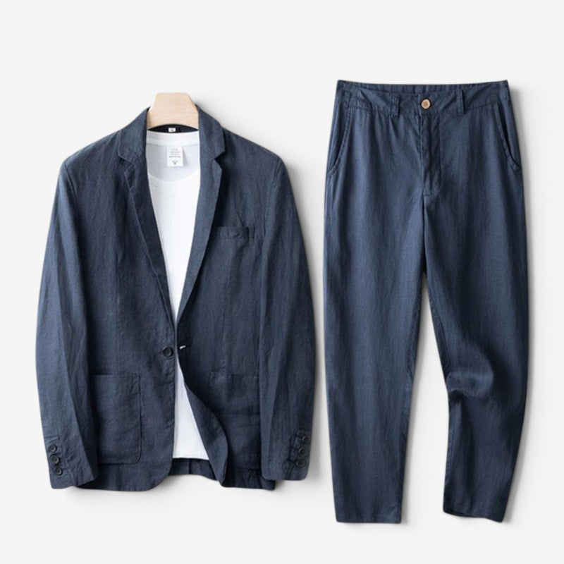 Men's Contemporary Linen Blazer and Wide Leg Pants Set