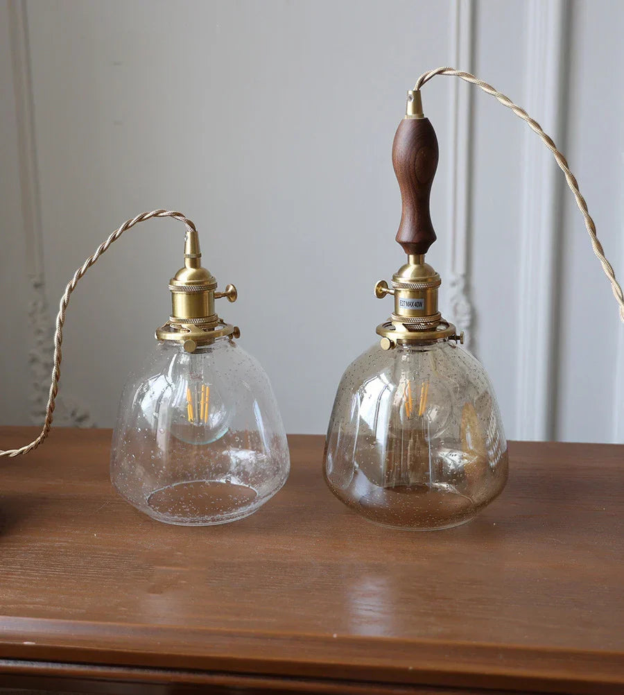 LumiElegance – Textured Clear Glass with Brass & Dark Wood Accents | Adjustable Cord for Perfect Hanging Height | Timeless Warm Glow for Kitchen or Dining