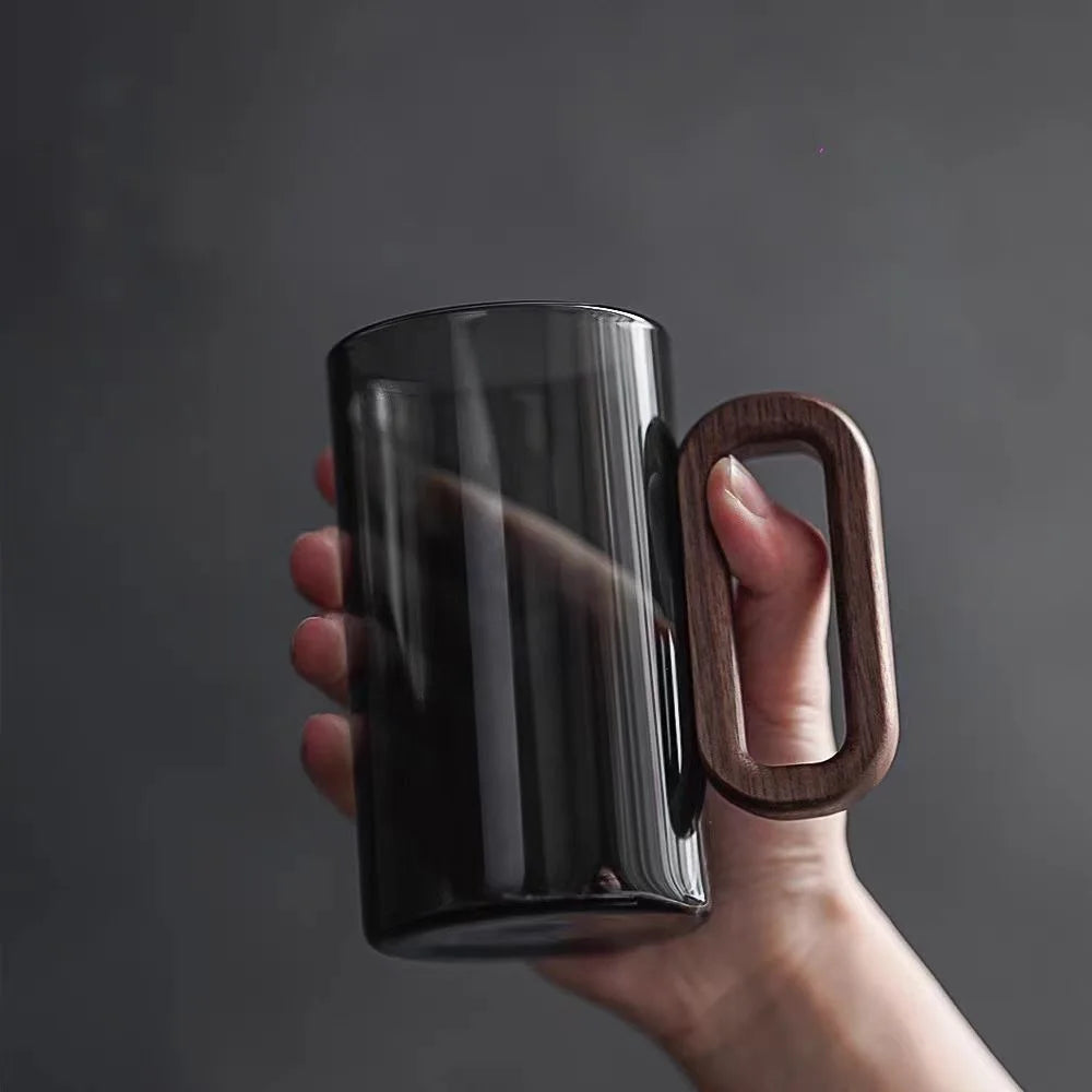 LuxeBrew - Modern Glass Mug Dark-Toned Design with Ergonomic Wooden Handle | Stylish and Comfortable for Coffee, Tea, or Hot Beverages | Heat-Resistant and Durable Contemporary Drinkware
