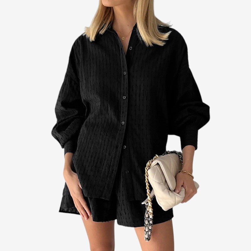 Women's Puff Sleeve Button-Up Shirt and High Waist Shorts Set