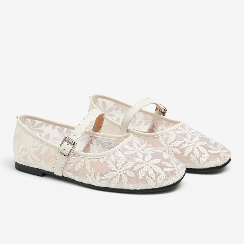 Square-Toe Ballerina Flats with Embroidered Flowers