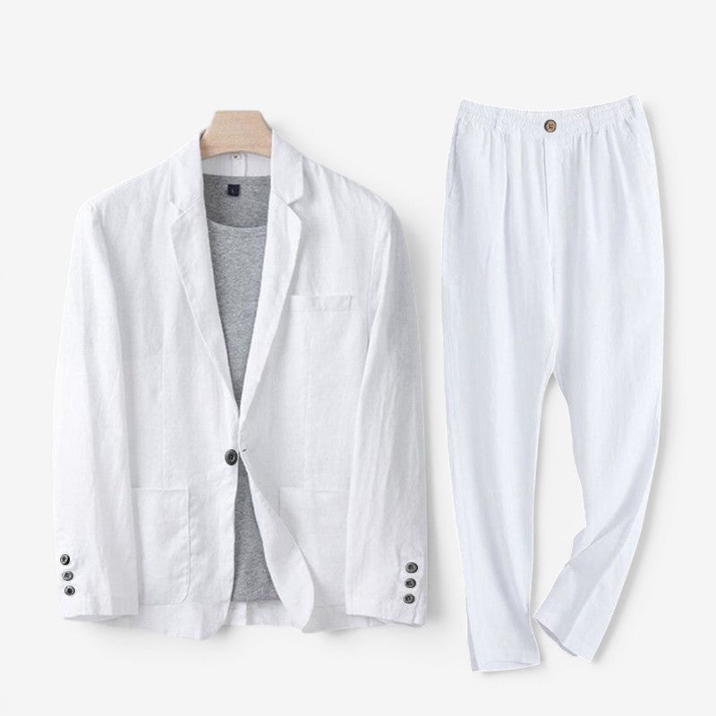 Men's Contemporary Linen Blazer and Wide Leg Pants Set
