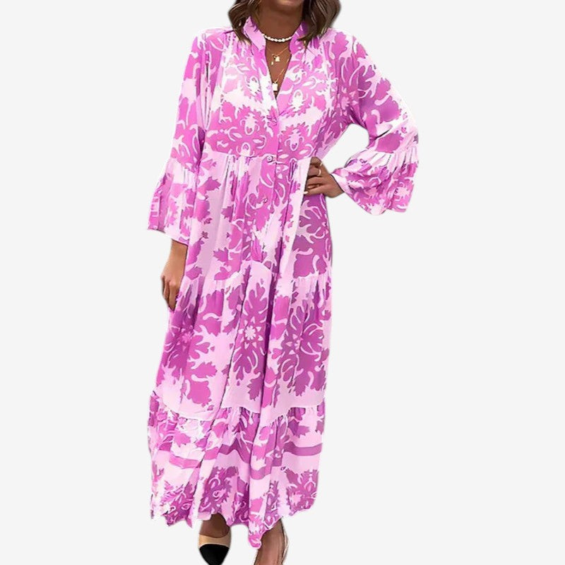 Women's Printed Midi Dress with V-Neck and Long Sleeves