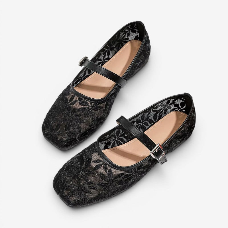 Square-Toe Ballerina Flats with Embroidered Flowers