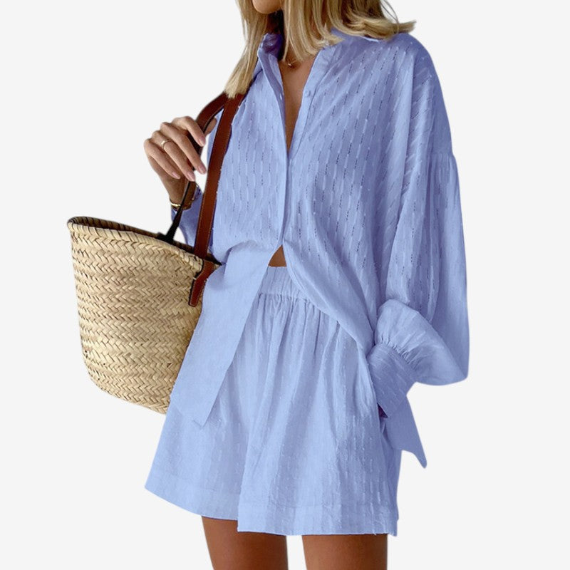 Women's Puff Sleeve Button-Up Shirt and High Waist Shorts Set