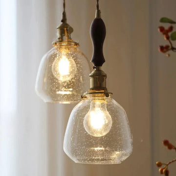 LumiElegance – Textured Clear Glass with Brass & Dark Wood Accents | Adjustable Cord for Perfect Hanging Height | Timeless Warm Glow for Kitchen or Dining
