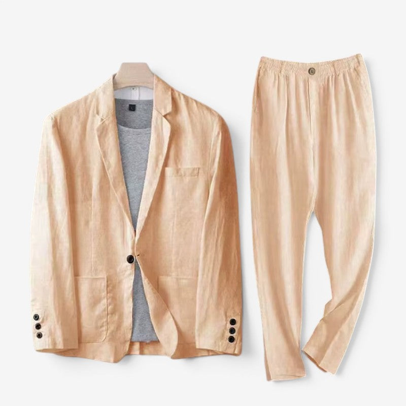 Men's Contemporary Linen Blazer and Wide Leg Pants Set