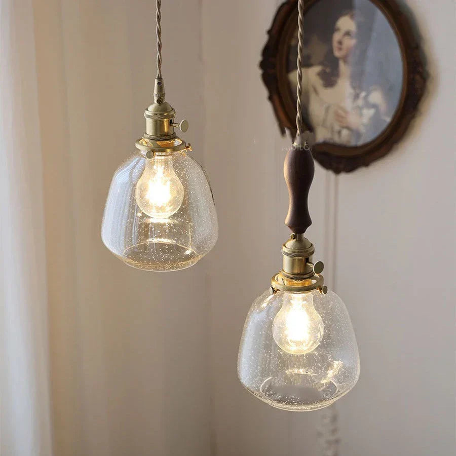 LumiElegance – Textured Clear Glass with Brass & Dark Wood Accents | Adjustable Cord for Perfect Hanging Height | Timeless Warm Glow for Kitchen or Dining
