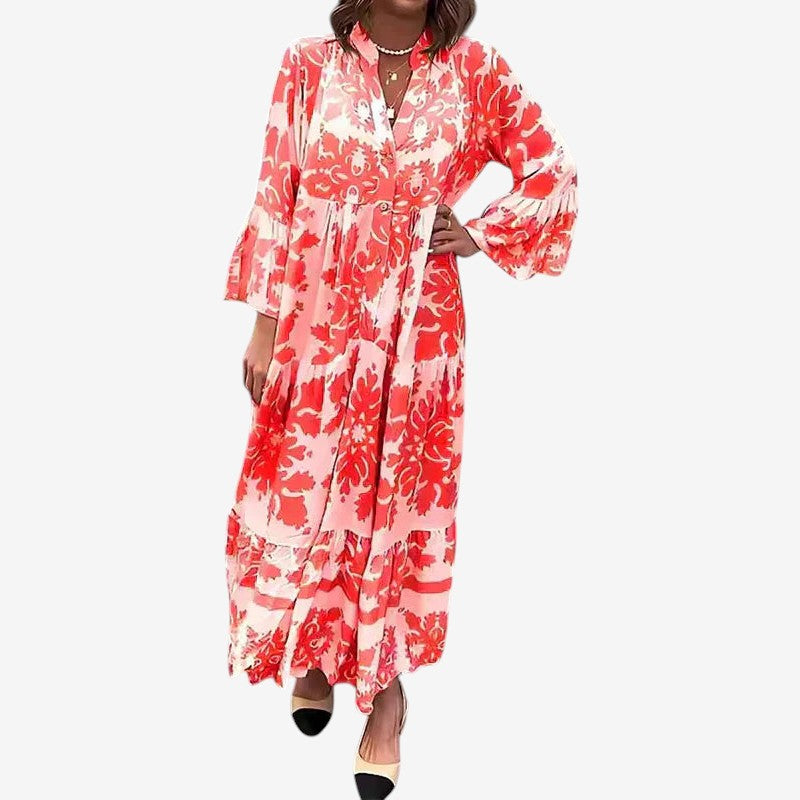 Women's Printed Midi Dress with V-Neck and Long Sleeves