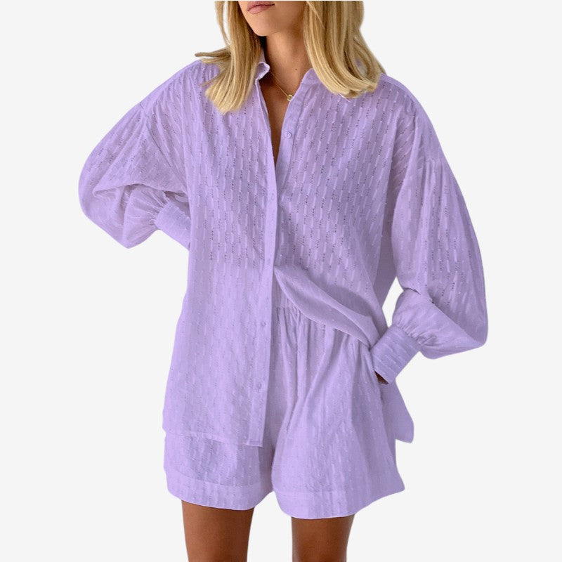 Women's Puff Sleeve Button-Up Shirt and High Waist Shorts Set