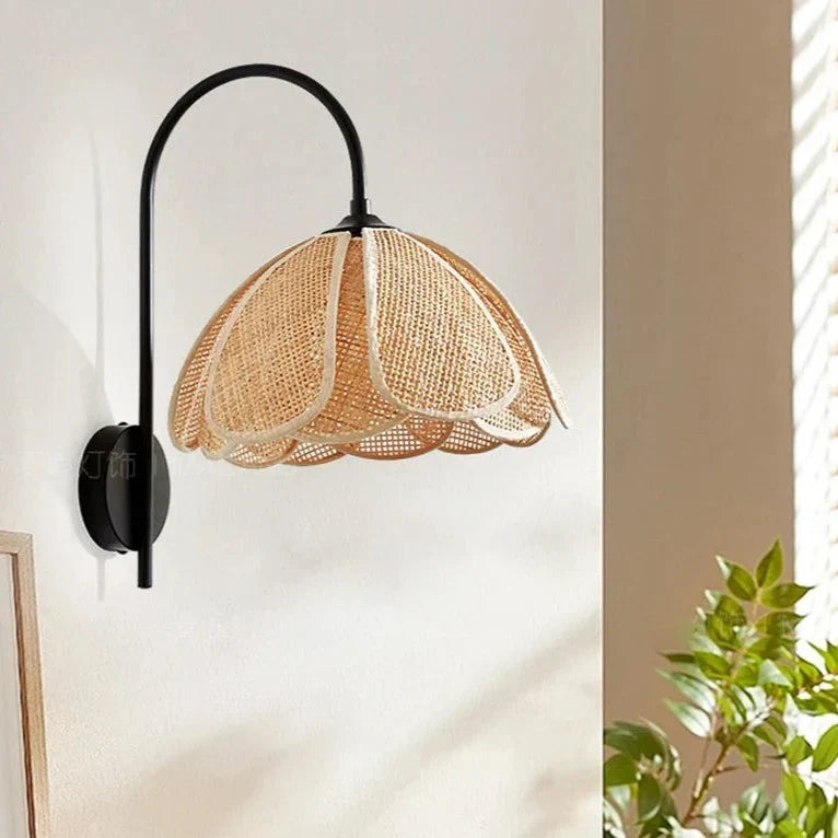BloomGlow - Rattan Woven Flower Shade with Nature-Inspired Charm | Soft Warm Ambient Glow with Curved Black Metal Arm | Cozy Accent for Bedroom, Hallway or Living Room