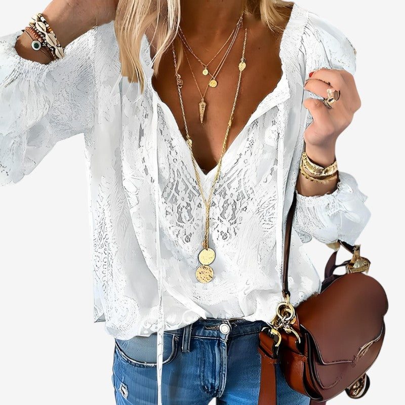 Women's Bohemian V Neck Lace Blouse with Long Sleeves