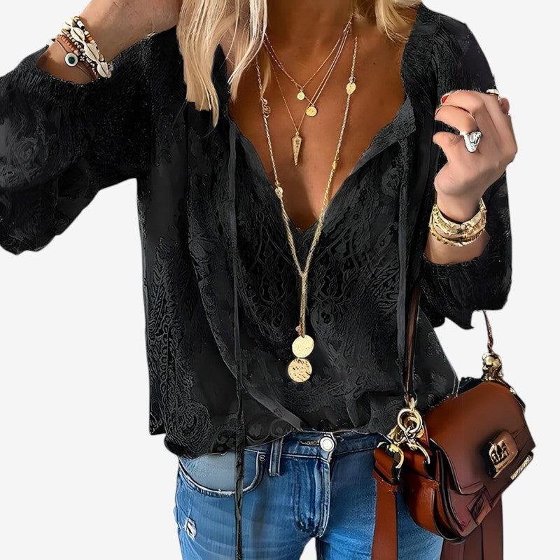 Women's Bohemian V Neck Lace Blouse with Long Sleeves