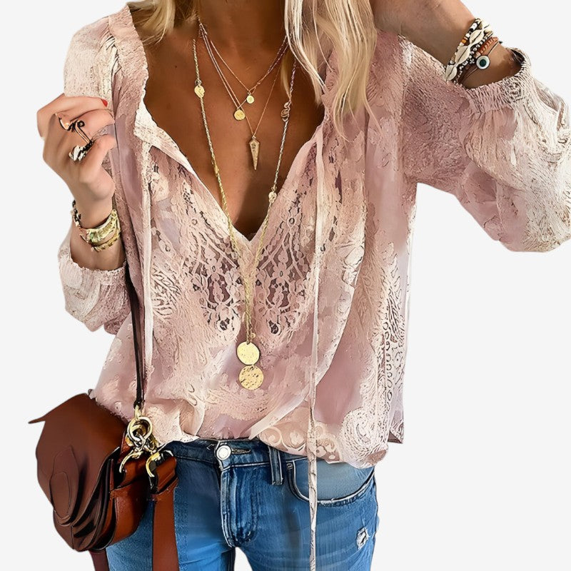 Women's Bohemian V Neck Lace Blouse with Long Sleeves