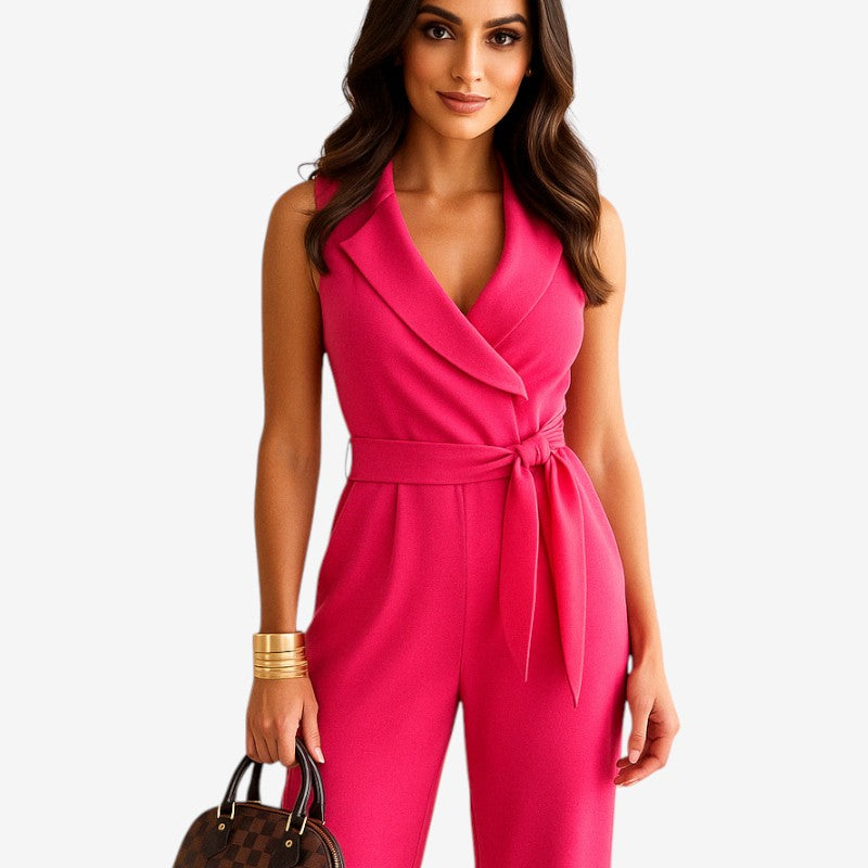 Women's Sleeveless V Neck Jumpsuit with Belted Waist