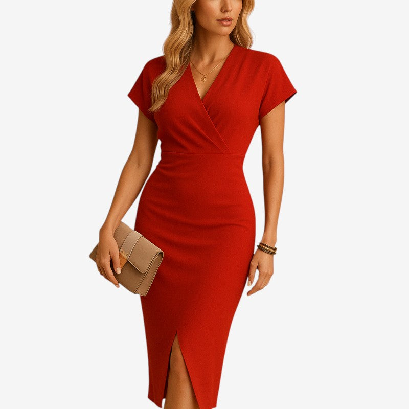 Women's V Neck Midi Dress with Side Slit