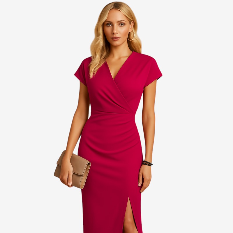 Women's V Neck Midi Dress with Side Slit