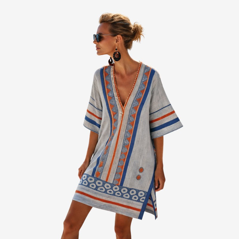 Women's Boho Chic Midi Dress with Short Sleeves