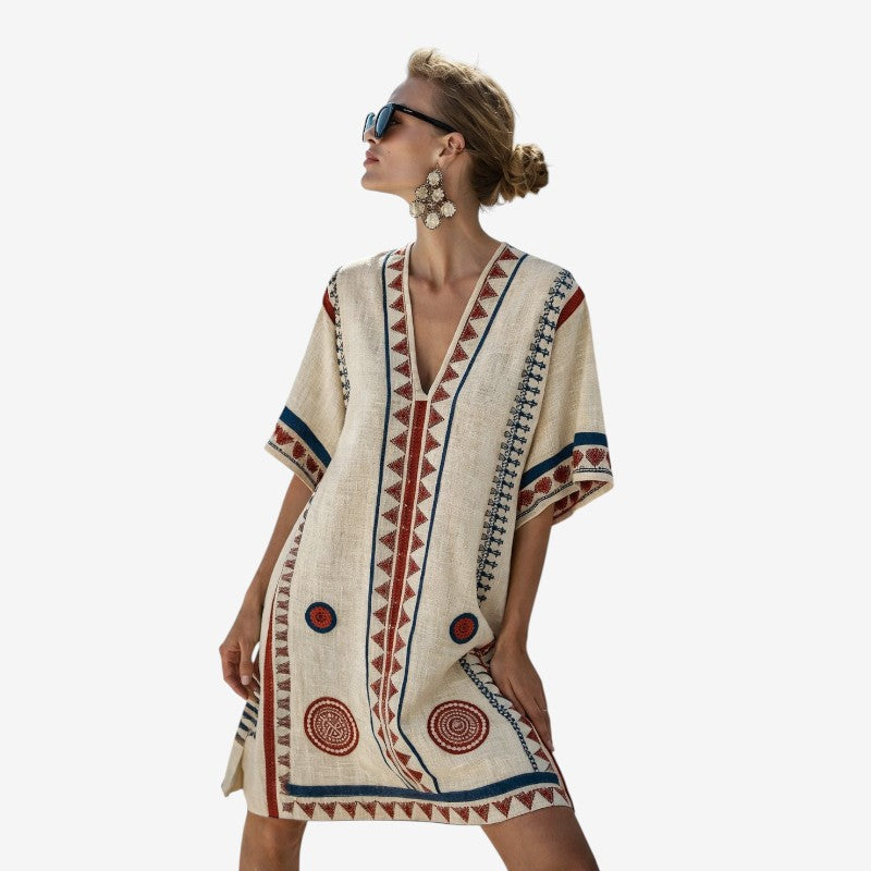 Women's Boho Chic Midi Dress with Short Sleeves