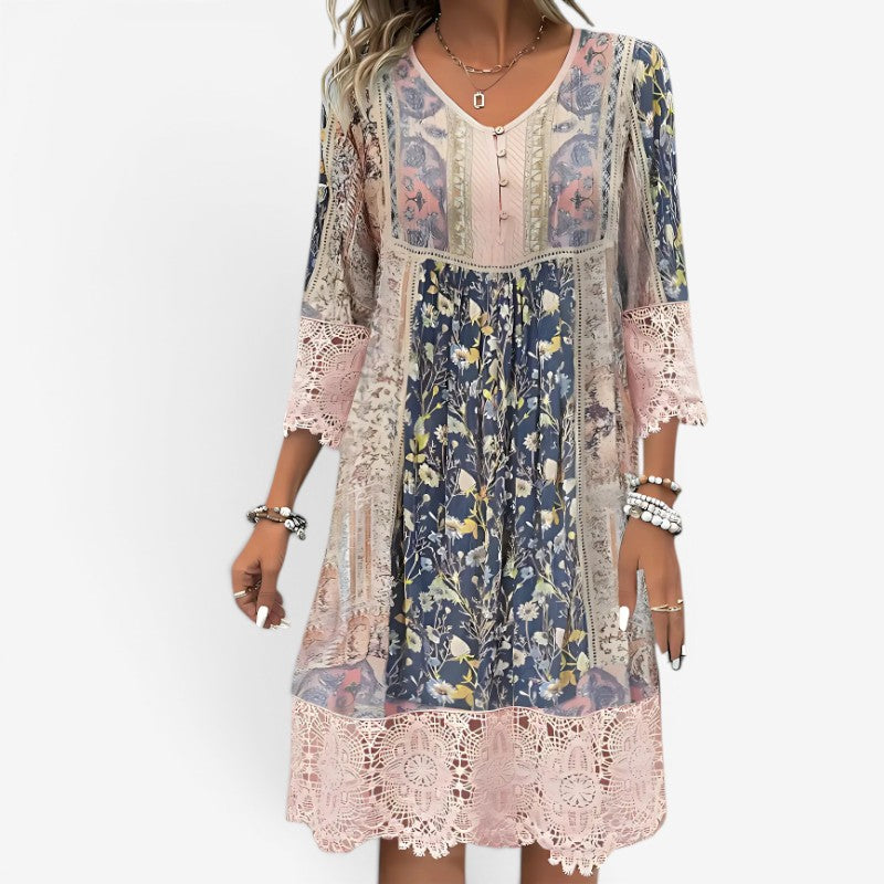 Women's Printed Midi Dress with V-Neck and Long Sleeves