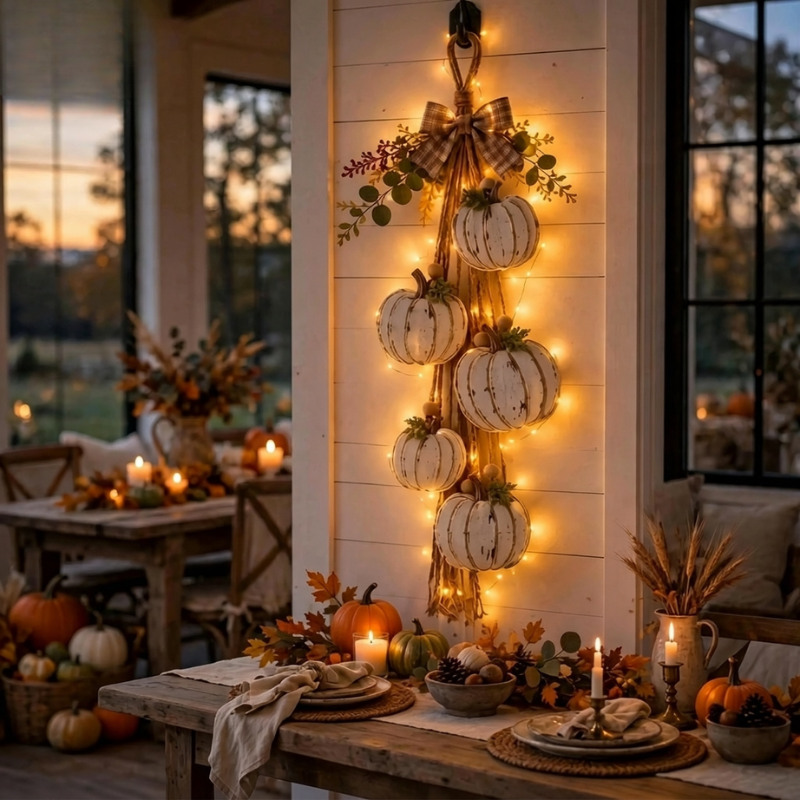 Pumpwreath - Világító tökös koszorú beépített LED fényekkel
