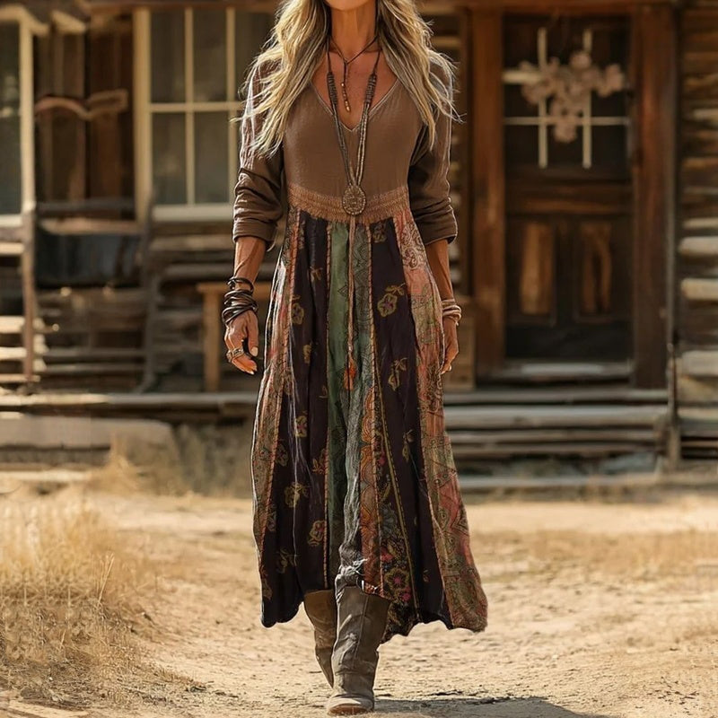 Women’s Long Sleeve V-Neck Patchwork Maxi Dress