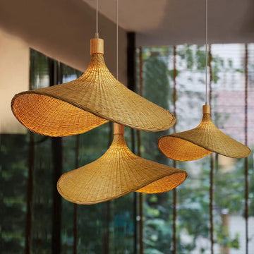 WickAura - Rustic Boho Bamboo Pendant Lamp Handwoven Natural Bamboo Design | Soft Warm Glow with Eco-Friendly Craftsmanship | Cozy Accent Lighting for Living Room, Dining Area, or Bedroom